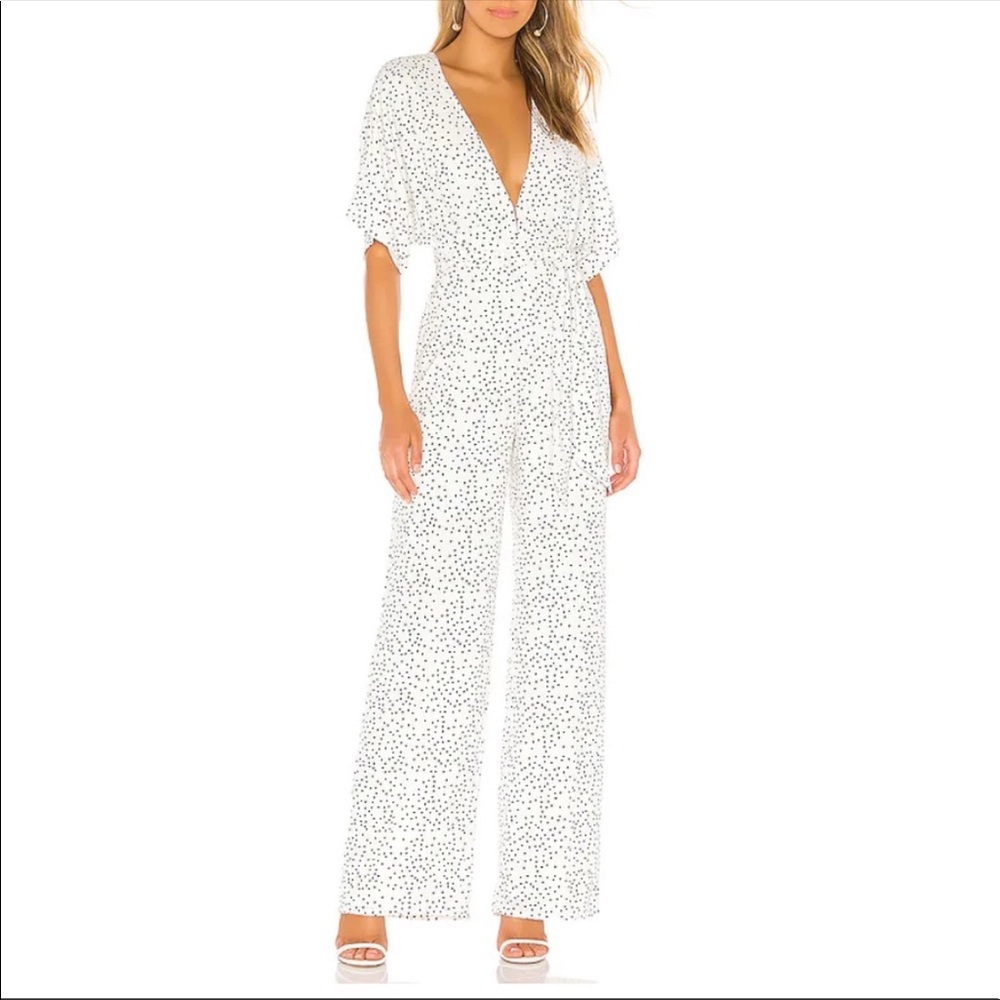 Lovers + Friends White Polka Dot V-Neck Jumpsuit